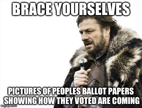 Brace Yourselves X is Coming | BRACE YOURSELVES PICTURES OF PEOPLES BALLOT PAPERS SHOWING HOW THEY VOTED ARE COMING | image tagged in memes,brace yourselves x is coming | made w/ Imgflip meme maker