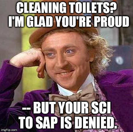 Creepy Condescending Wonka | CLEANING TOILETS?  I'M GLAD YOU'RE PROUD -- BUT YOUR SCI TO SAP IS DENIED. | image tagged in memes,creepy condescending wonka | made w/ Imgflip meme maker