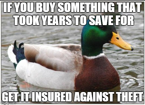 Actual Advice Mallard | IF YOU BUY SOMETHING THAT TOOK YEARS TO SAVE FOR GET IT INSURED AGAINST THEFT | image tagged in memes,actual advice mallard | made w/ Imgflip meme maker