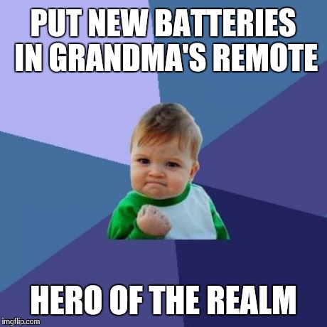 Side-Quest Complete | PUT NEW BATTERIES IN GRANDMA'S REMOTE HERO OF THE REALM | image tagged in memes,success kid | made w/ Imgflip meme maker