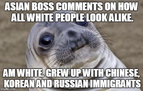 Awkward Moment Sealion Meme | ASIAN BOSS COMMENTS ON HOW ALL WHITE PEOPLE LOOK ALIKE. AM WHITE. GREW UP WITH CHINESE, KOREAN AND RUSSIAN IMMIGRANTS | image tagged in memes,awkward moment sealion | made w/ Imgflip meme maker