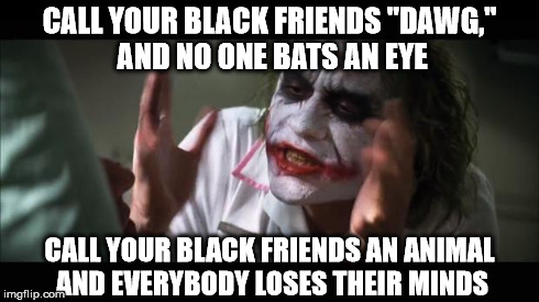Maybe we should think about what this really means? | CALL YOUR BLACK FRIENDS "DAWG," AND NO ONE BATS AN EYE CALL YOUR BLACK FRIENDS AN ANIMAL AND EVERYBODY LOSES THEIR MINDS | image tagged in memes,and everybody loses their minds | made w/ Imgflip meme maker