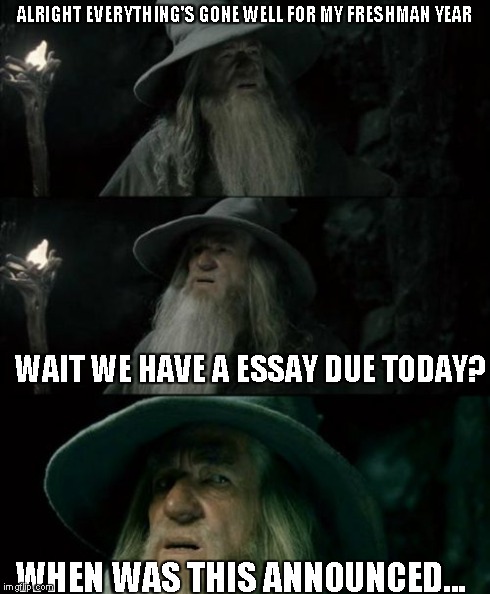 Confused Gandalf Meme | ALRIGHT EVERYTHING'S GONE WELL FOR MY FRESHMAN YEAR WAIT WE HAVE A ESSAY DUE TODAY? WHEN WAS THIS ANNOUNCED... | image tagged in memes,confused gandalf | made w/ Imgflip meme maker
