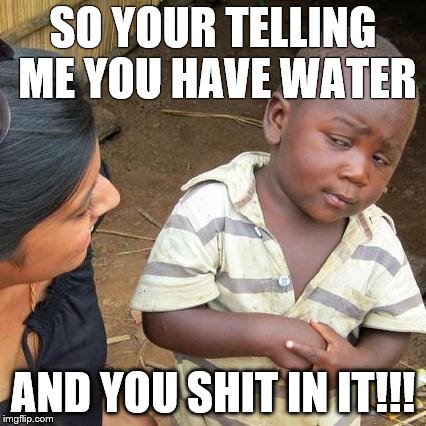 Third World Skeptical Kid | SO YOUR TELLING ME YOU HAVE WATER AND YOU SHIT IN IT!!! | image tagged in memes,third world skeptical kid | made w/ Imgflip meme maker