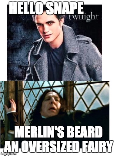 Snape scared of Edward | HELLO SNAPE MERLIN'S BEARD AN OVERSIZED FAIRY | image tagged in harry potter,snape,edwardcullen,twilight,scared,true | made w/ Imgflip meme maker