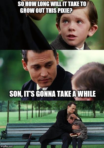 Finding Neverland Meme | SO HOW LONG WILL IT TAKE TO GROW OUT THIS PIXIE? SON, IT'S GONNA TAKE A WHILE | image tagged in memes,finding neverland | made w/ Imgflip meme maker