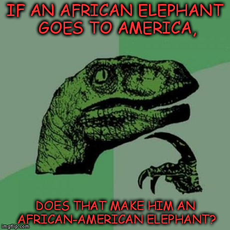 Philosoraptor | IF AN AFRICAN ELEPHANT GOES TO AMERICA, DOES THAT MAKE HIM AN AFRICAN-AMERICAN ELEPHANT? | image tagged in memes,philosoraptor | made w/ Imgflip meme maker