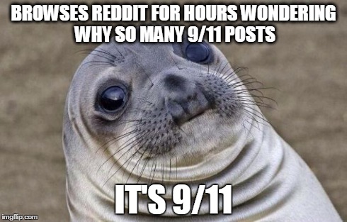 Awkward Moment Sealion | BROWSES REDDIT FOR HOURS WONDERING WHY SO MANY 9/11 POSTS IT'S 9/11 | image tagged in memes,awkward moment sealion | made w/ Imgflip meme maker