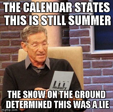 Maury Lie Detector | THE CALENDAR STATES THIS IS STILL SUMMER THE SNOW ON THE GROUND DETERMINED THIS WAS A LIE | image tagged in memes,maury lie detector | made w/ Imgflip meme maker