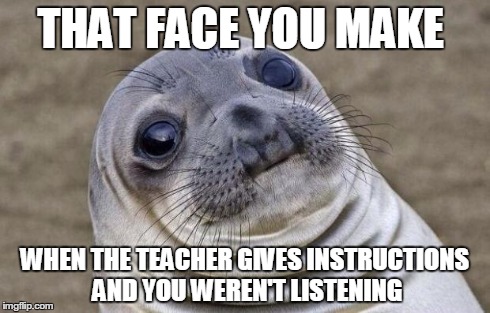 Awkward Moment Sealion Meme | THAT FACE YOU MAKE WHEN THE TEACHER GIVES INSTRUCTIONS AND YOU WEREN'T LISTENING | image tagged in memes,awkward moment sealion | made w/ Imgflip meme maker