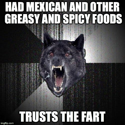 Insanity Wolf Meme | HAD MEXICAN AND OTHER GREASY AND SPICY FOODS TRUSTS THE FART | image tagged in memes,insanity wolf,AdviceAnimals | made w/ Imgflip meme maker