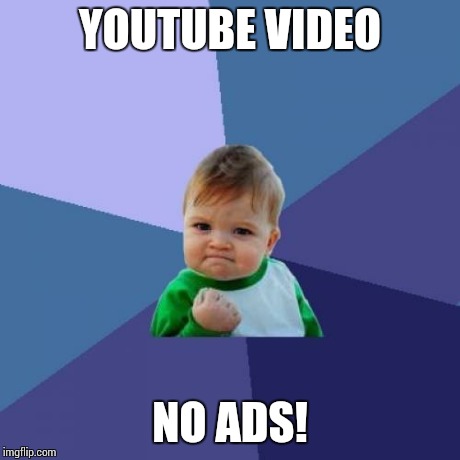 YouTube Success | YOUTUBE VIDEO NO ADS! | image tagged in memes,success kid,meme,funny,youtube | made w/ Imgflip meme maker