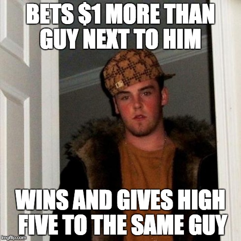 Scumbag Steve | BETS $1 MORE THAN GUY NEXT TO HIM WINS AND GIVES HIGH FIVE TO THE SAME GUY | image tagged in memes,scumbag steve | made w/ Imgflip meme maker