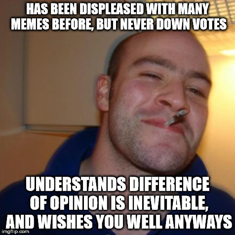 Good Guy Greg | HAS BEEN DISPLEASED WITH MANY MEMES BEFORE, BUT NEVER DOWN VOTES UNDERSTANDS DIFFERENCE OF OPINION IS INEVITABLE, AND WISHES YOU WELL ANYWAY | image tagged in memes,good guy greg | made w/ Imgflip meme maker