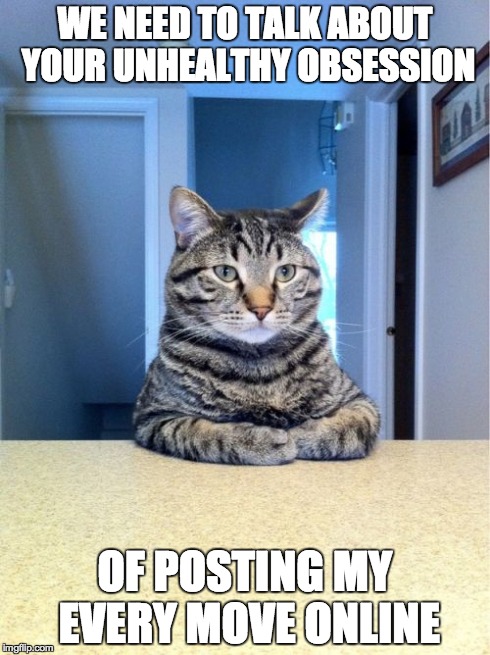 Take a seat cat | WE NEED TO TALK ABOUT YOUR UNHEALTHY OBSESSION OF POSTING MY EVERY MOVE ONLINE | image tagged in memes,take a seat cat | made w/ Imgflip meme maker
