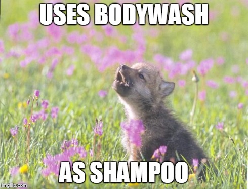 Baby Insanity Wolf | USES BODYWASH AS SHAMPOO | image tagged in memes,baby insanity wolf | made w/ Imgflip meme maker