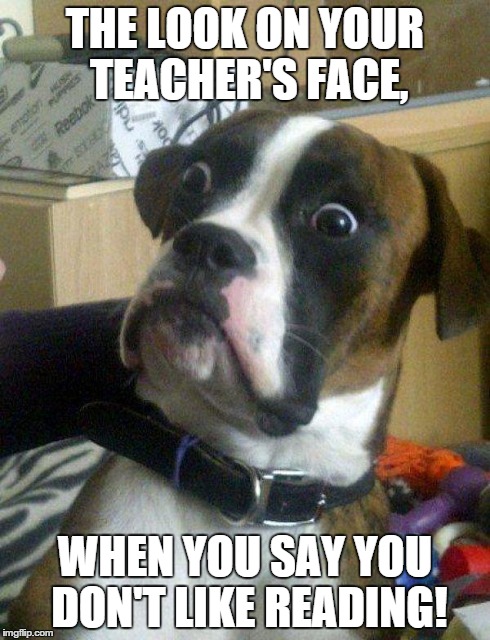 Blankie the Shocked Dog | THE LOOK ON YOUR TEACHER'S FACE, WHEN YOU SAY YOU DON'T LIKE READING! | image tagged in blankie the shocked dog | made w/ Imgflip meme maker