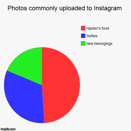 Photos commonly uploaded to Instagram | New belongings, Selfies, Hipster's food | image tagged in funny,pie charts | made w/ Imgflip chart maker