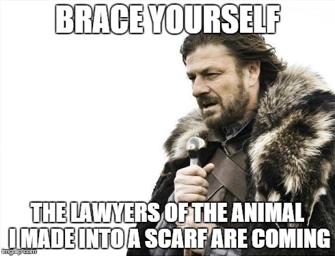 Brace Yourselves X is Coming | BRACE YOURSELF THE LAWYERS OF THE ANIMAL I MADE INTO A SCARF ARE COMING | image tagged in memes,brace yourselves x is coming | made w/ Imgflip meme maker