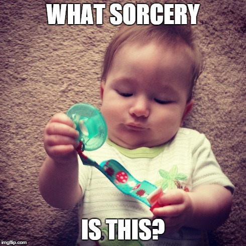 Amazed Infant | WHAT SORCERY IS THIS? | image tagged in baby,sorcery,pacifier,amazed,infant,amazed infant | made w/ Imgflip meme maker