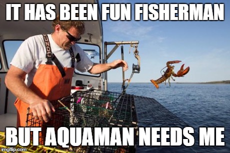 I must go | IT HAS BEEN FUN FISHERMAN BUT AQUAMAN NEEDS ME | image tagged in funny,flying | made w/ Imgflip meme maker