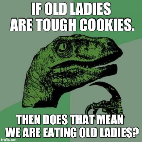 Philosoraptor Meme | IF OLD LADIES ARE TOUGH COOKIES. THEN DOES THAT MEAN  WE ARE EATING OLD LADIES? | image tagged in memes,philosoraptor | made w/ Imgflip meme maker