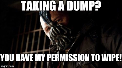 Permission Bane | TAKING A DUMP? YOU HAVE MY PERMISSION TO WIPE! | image tagged in memes,permission bane | made w/ Imgflip meme maker