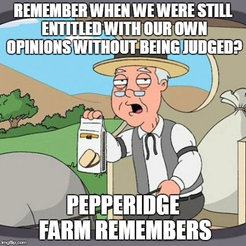 Pepperidge Farm Remembers Meme | REMEMBER WHEN WE WERE STILL ENTITLED WITH OUR OWN OPINIONS WITHOUT BEING JUDGED? PEPPERIDGE FARM REMEMBERS | image tagged in memes,pepperidge farm remembers | made w/ Imgflip meme maker