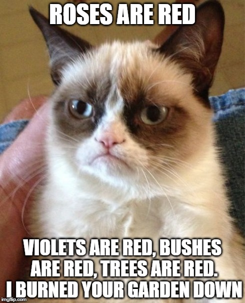 Grumpy Cat Meme | ROSES ARE RED VIOLETS ARE RED, BUSHES ARE RED, TREES ARE RED. I BURNED YOUR GARDEN DOWN | image tagged in memes,grumpy cat | made w/ Imgflip meme maker