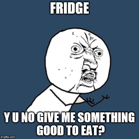 Fridge..... | FRIDGE Y U NO GIVE ME SOMETHING GOOD TO EAT? | image tagged in memes,y u no,friday,lol didnt read | made w/ Imgflip meme maker