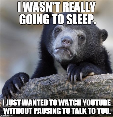 i've done this | I WASN'T REALLY GOING TO SLEEP. I JUST WANTED TO WATCH YOUTUBE WITHOUT PAUSING TO TALK TO YOU. | image tagged in memes,confession bear | made w/ Imgflip meme maker