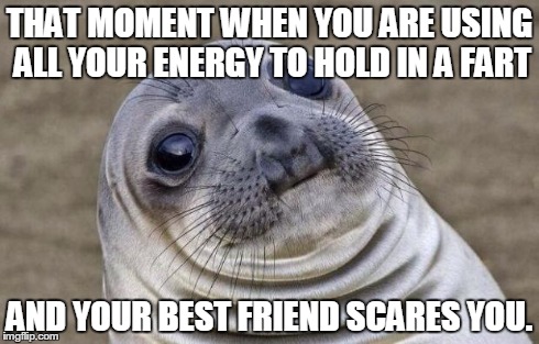 *poot* | THAT MOMENT WHEN YOU ARE USING ALL YOUR ENERGY TO HOLD IN A FART AND YOUR BEST FRIEND SCARES YOU. | image tagged in memes,awkward moment sealion,farting | made w/ Imgflip meme maker