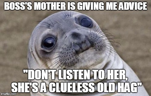 Awkward Moment Sealion | BOSS'S MOTHER IS GIVING ME ADVICE "DON'T LISTEN TO HER, SHE'S A CLUELESS OLD HAG" | image tagged in memes,awkward moment sealion | made w/ Imgflip meme maker