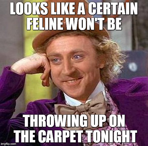 Creepy Condescending Wonka Meme | LOOKS LIKE A CERTAIN FELINE WON'T BE THROWING UP ON THE CARPET TONIGHT | image tagged in memes,creepy condescending wonka | made w/ Imgflip meme maker