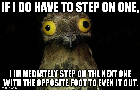 Weird Stuff I Do Potoo | IF I DO HAVE TO STEP ON ONE, I IMMEDIATELY STEP ON THE NEXT ONE WITH THE OPPOSITE FOOT TO EVEN IT OUT. | image tagged in memes,weird stuff i do potoo | made w/ Imgflip meme maker
