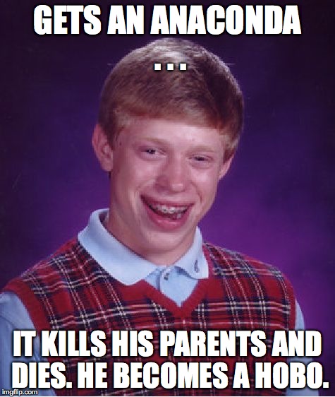 Bad Luck Brian Meme | GETS AN ANACONDA . . . IT KILLS HIS PARENTS AND DIES. HE BECOMES A HOBO. | image tagged in memes,bad luck brian | made w/ Imgflip meme maker