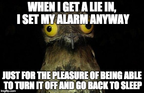 Weird Stuff I Do Potoo | WHEN I GET A LIE IN, I SET MY ALARM ANYWAY JUST FOR THE PLEASURE OF BEING ABLE TO TURN IT OFF AND GO BACK TO SLEEP | image tagged in memes,weird stuff i do potoo,AdviceAnimals | made w/ Imgflip meme maker