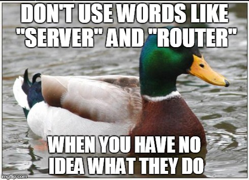 Actual Advice Mallard | DON'T USE WORDS LIKE "SERVER" AND "ROUTER" WHEN YOU HAVE NO IDEA WHAT THEY DO | image tagged in memes,actual advice mallard,AdviceAnimals | made w/ Imgflip meme maker