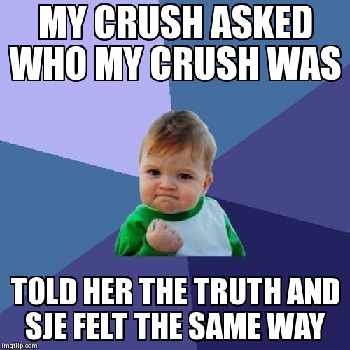MY CRUSH ASKED WHO MY CRUSH WAS TOLD HER THE TRUTH AND SJE FELT THE SAME WAY | image tagged in memes,success kid | made w/ Imgflip meme maker