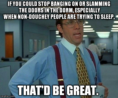 That Would Be Great | IF YOU COULD STOP BANGING ON OR SLAMMING THE DOORS IN THE DORM, ESPECIALLY WHEN NON-DOUCHEY PEOPLE ARE TRYING TO SLEEP, THAT'D BE GREAT. | image tagged in memes,that would be great | made w/ Imgflip meme maker