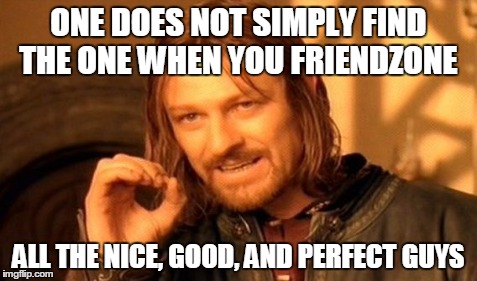 One Does Not Simply Meme | ONE DOES NOT SIMPLY FIND THE ONE WHEN YOU FRIENDZONE ALL THE NICE, GOOD, AND PERFECT GUYS | image tagged in memes,one does not simply | made w/ Imgflip meme maker
