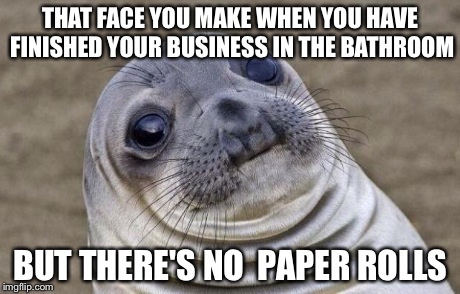 Awkward Moment Sealion | THAT FACE YOU MAKE WHEN YOU HAVE FINISHED YOUR BUSINESS IN THE BATHROOM BUT THERE'S NO  PAPER ROLLS | image tagged in memes,awkward moment sealion | made w/ Imgflip meme maker