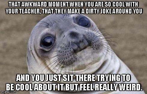 Awkward Moment Sealion | THAT AWKWARD MOMENT WHEN YOU ARE SO COOL WITH YOUR TEACHER, THAT THEY MAKE A DIRTY JOKE AROUND YOU AND YOU JUST SIT THERE TRYING TO BE COOL  | image tagged in memes,awkward moment sealion | made w/ Imgflip meme maker