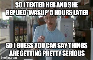 So I Guess You Can Say Things Are Getting Pretty Serious | SO I TEXTED HER AND SHE REPLIED 'WASUP' 5 HOURS LATER SO I GUESS YOU CAN SAY THINGS ARE GETTING PRETTY SERIOUS | image tagged in memes,so i guess you can say things are getting pretty serious | made w/ Imgflip meme maker