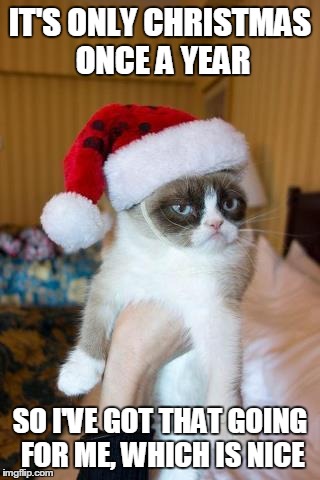 Grumpy Cat Christmas | IT'S ONLY CHRISTMAS ONCE A YEAR SO I'VE GOT THAT GOING FOR ME, WHICH IS NICE | image tagged in memes,grumpy cat christmas,grumpy cat | made w/ Imgflip meme maker