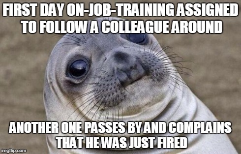 Awkward Moment Sealion | FIRST DAY ON-JOB-TRAINING ASSIGNED TO FOLLOW A COLLEAGUE AROUND ANOTHER ONE PASSES BY AND COMPLAINS THAT HE WAS JUST FIRED | image tagged in memes,awkward moment sealion,AdviceAnimals | made w/ Imgflip meme maker
