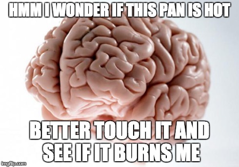 Scumbag Brain | HMM I WONDER IF THIS PAN IS HOT BETTER TOUCH IT AND SEE IF IT BURNS ME | image tagged in scumbag brain,AdviceAnimals | made w/ Imgflip meme maker