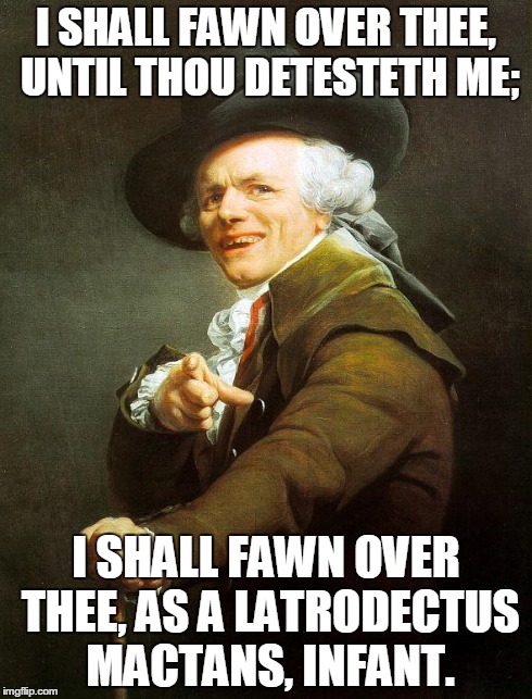 Iggy's got nothing on Ducreux! | I SHALL FAWN OVER THEE, UNTIL THOU DETESTETH ME; I SHALL FAWN OVER THEE, AS A LATRODECTUS MACTANS, INFANT. | image tagged in joseph ducreux | made w/ Imgflip meme maker