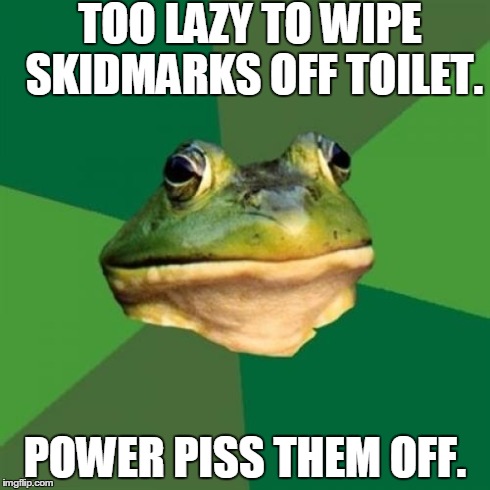 Foul Bachelor Frog | TOO LAZY TO WIPE SKIDMARKS OFF TOILET. POWER PISS THEM OFF. | image tagged in memes,foul bachelor frog | made w/ Imgflip meme maker