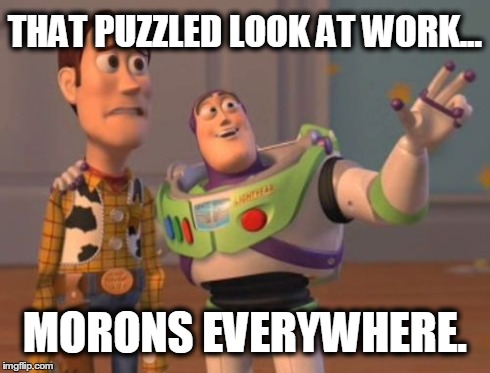 X, X Everywhere Meme | THAT PUZZLED LOOK AT WORK... MORONS EVERYWHERE. | image tagged in memes,x x everywhere | made w/ Imgflip meme maker